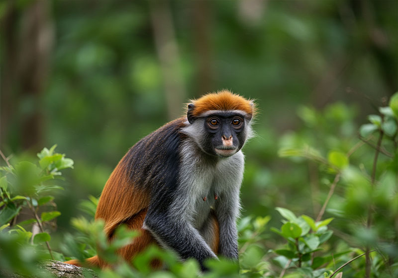  Kirk's red colobus monkey at Jozani Forest Zanzibar in natural tropical forest habitat