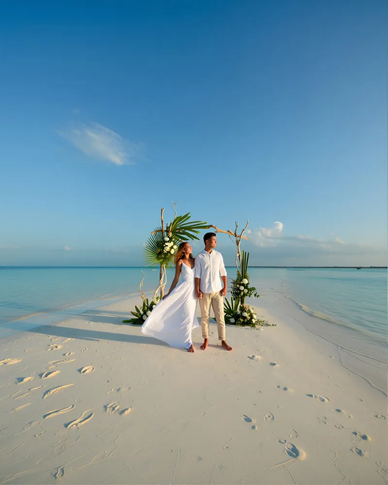 A young wedding couple posing in front of the wedding gate az Nakupenda sandbank