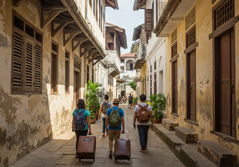 Tourists with luggage walking through Stone Town's historic stone streets