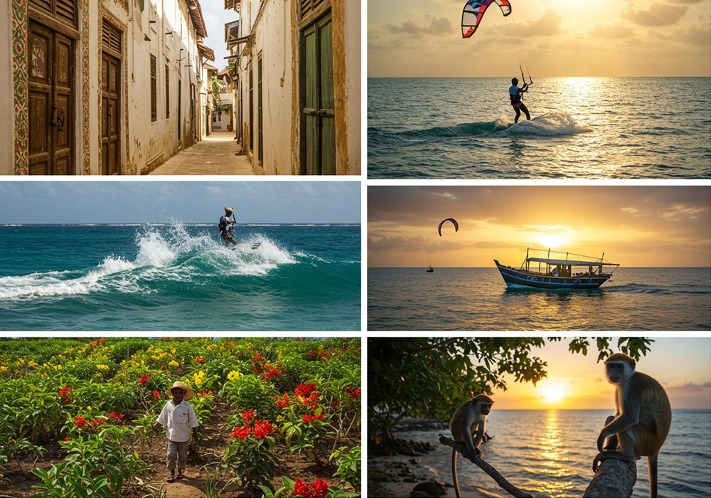 Things to do in Zanzibar collage showing Stone Town, kitesurfing, spice tours, Safari Blue and wildlife