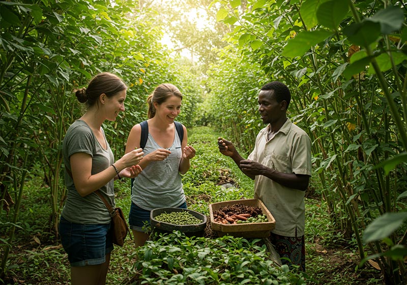 Zanzibar spice farm tour guide showing cardamom pods and explaining traditional spice cultivation