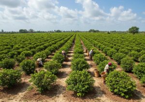 Sansibars Gewürzfarmen - Luftaufnahme einer Gewürzfarm auf Sansibar mit Bauern bei der Ernte von Nelken und Gewürzen.